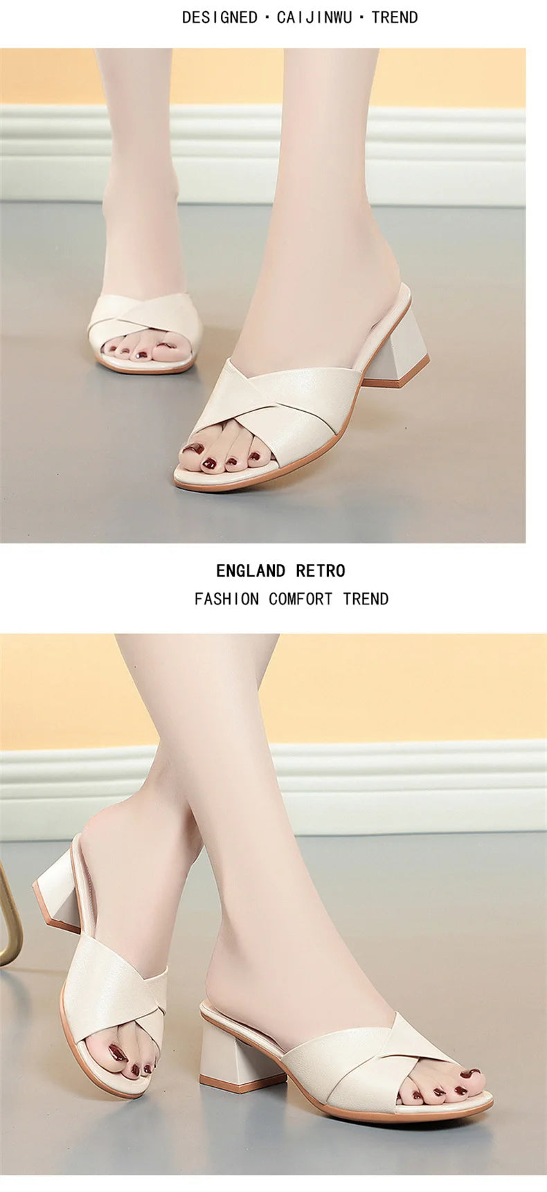 2024 New Summer Versatile Slippers Women High Heels Square Head Fashion Female Sandals Soft Leather Summer Shoes Simple