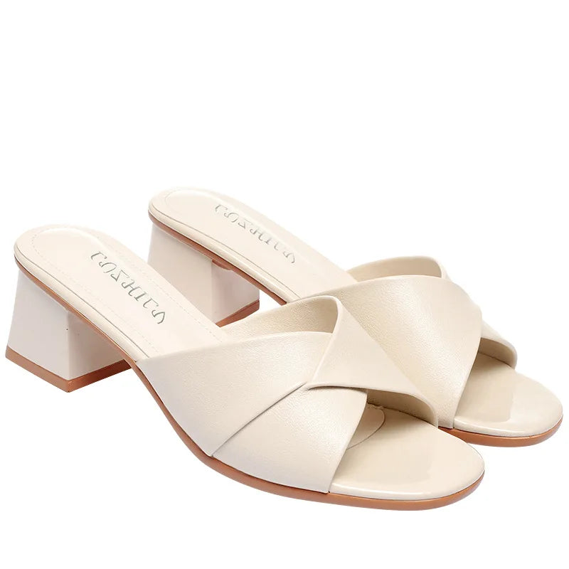 2024 New Summer Versatile Slippers Women High Heels Square Head Fashion Female Sandals Soft Leather Summer Shoes Simple