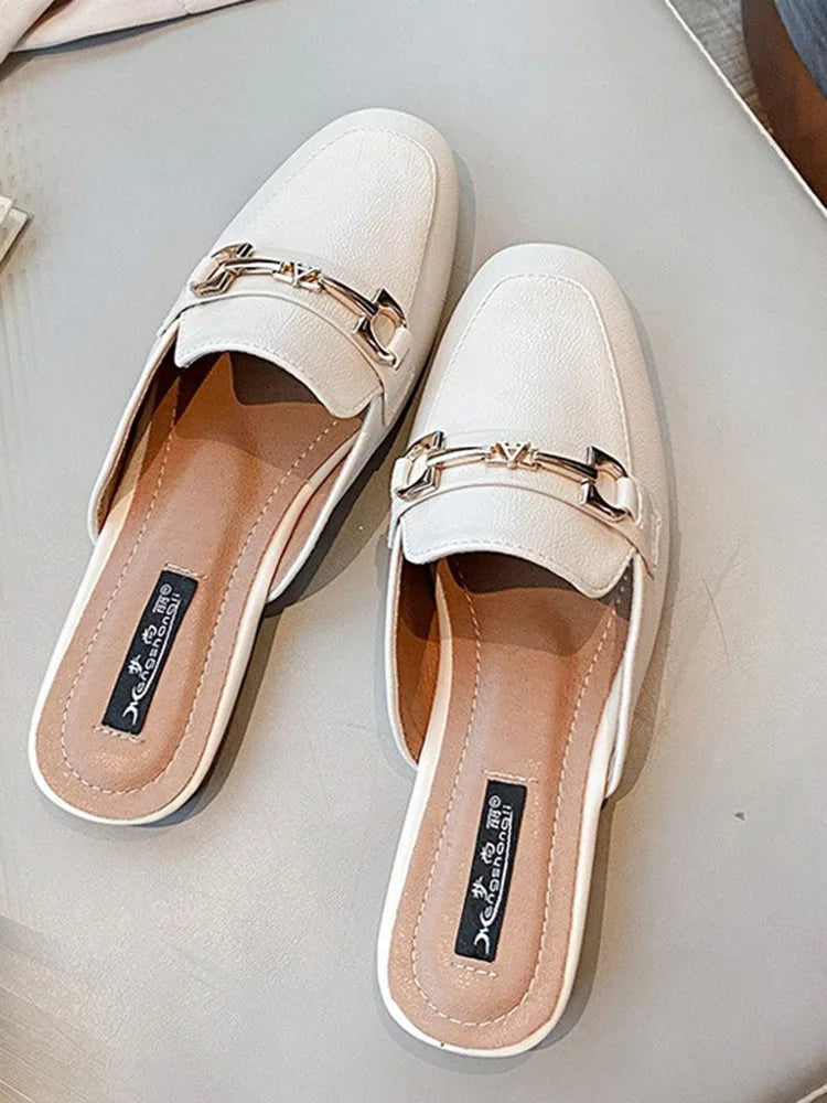 2024 Elegant Summer Women Designer Round Toe Fashion Metal Lady Slippers Sweet Black Female Mules Beach Outside Shoes Big Size
