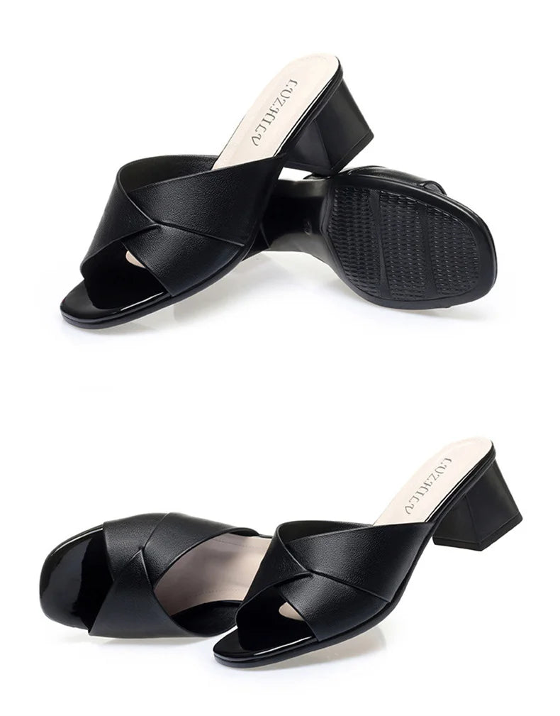 2024 New Summer Versatile Slippers Women High Heels Square Head Fashion Female Sandals Soft Leather Summer Shoes Simple