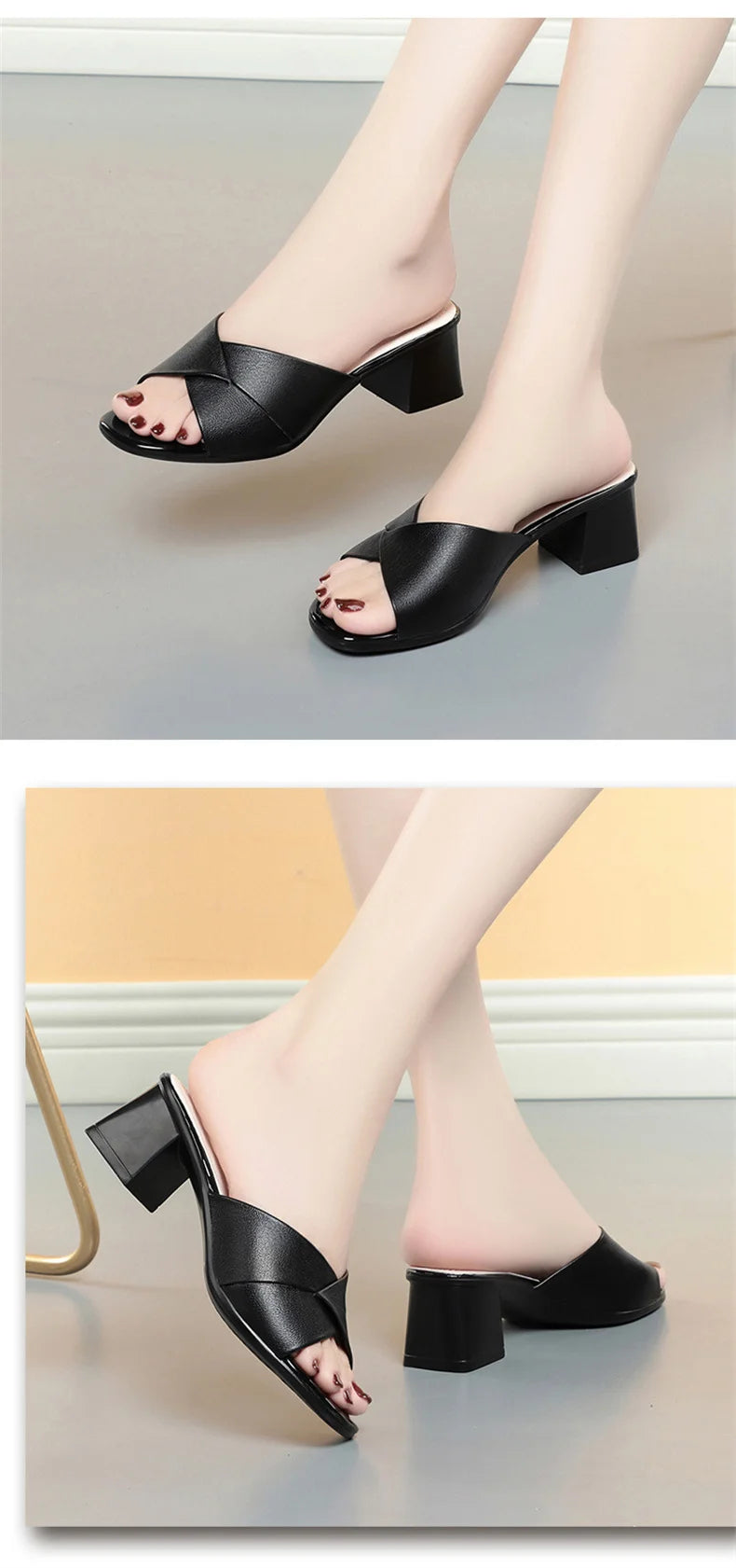 2024 New Summer Versatile Slippers Women High Heels Square Head Fashion Female Sandals Soft Leather Summer Shoes Simple