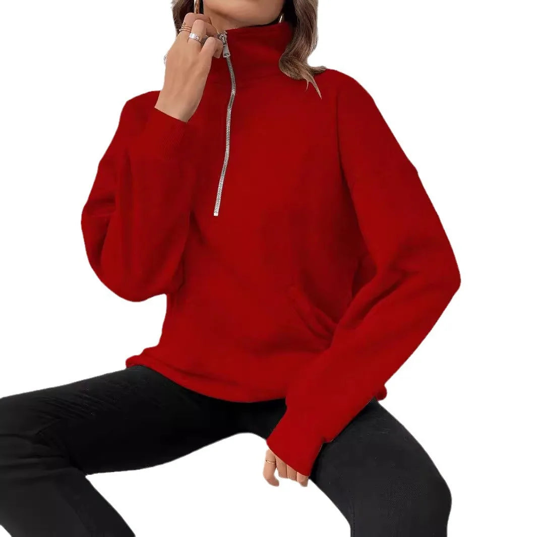 grey Autumn Winter Women's Hoodies Solid Color Loose Short Half Zip Pockets Thumb Hole Long Sleeve Pullover Sweatshirts hoody