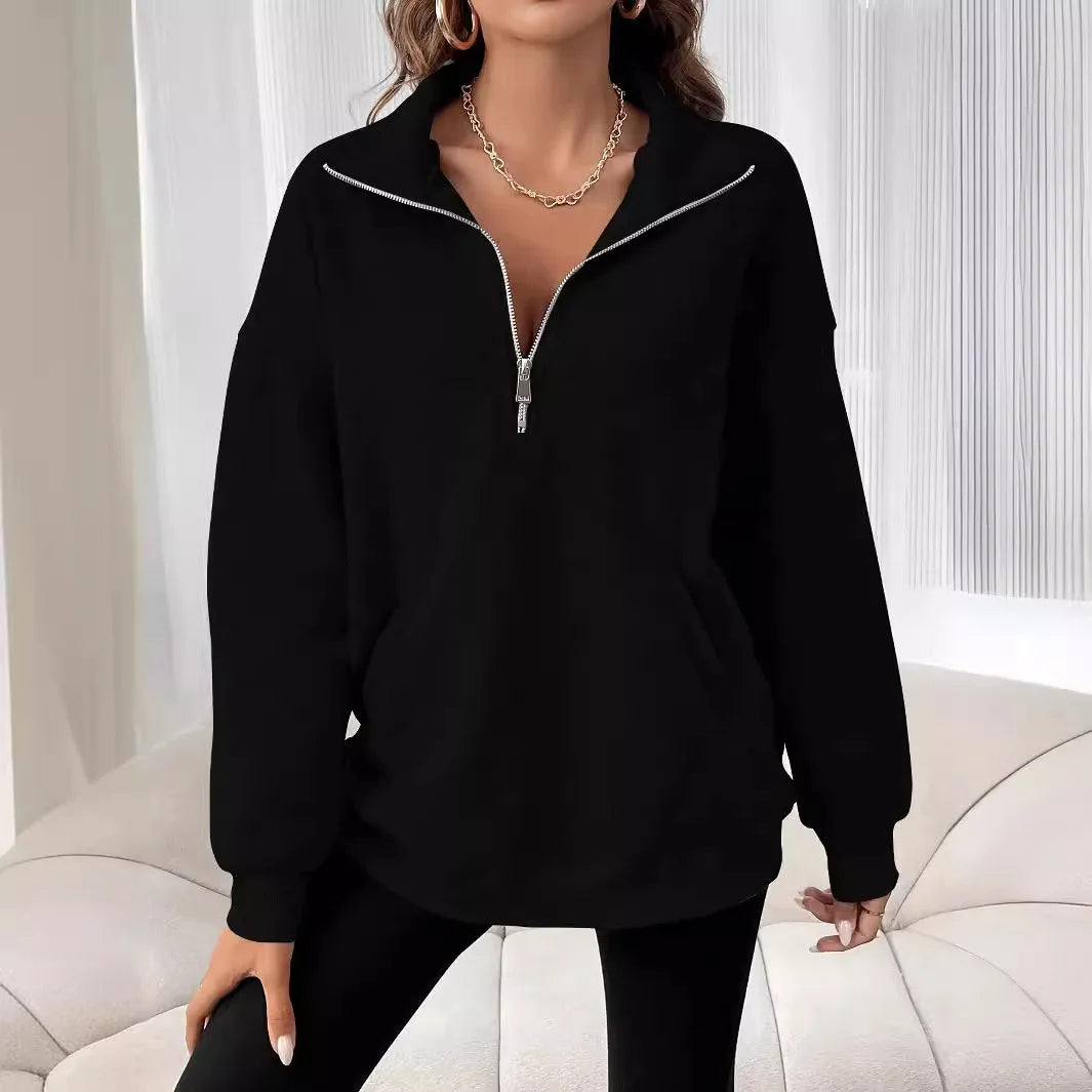 grey Autumn Winter Women's Hoodies Solid Color Loose Short Half Zip Pockets Thumb Hole Long Sleeve Pullover Sweatshirts hoody