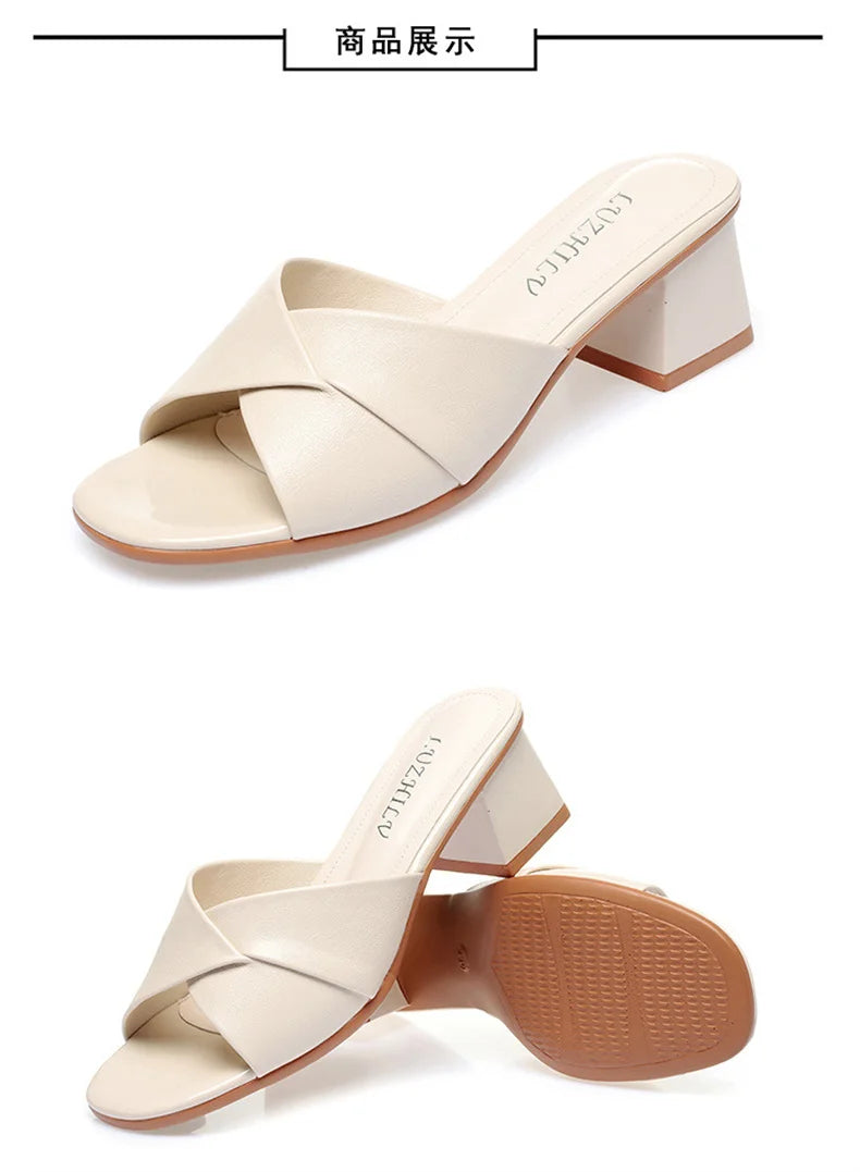 2024 New Summer Versatile Slippers Women High Heels Square Head Fashion Female Sandals Soft Leather Summer Shoes Simple