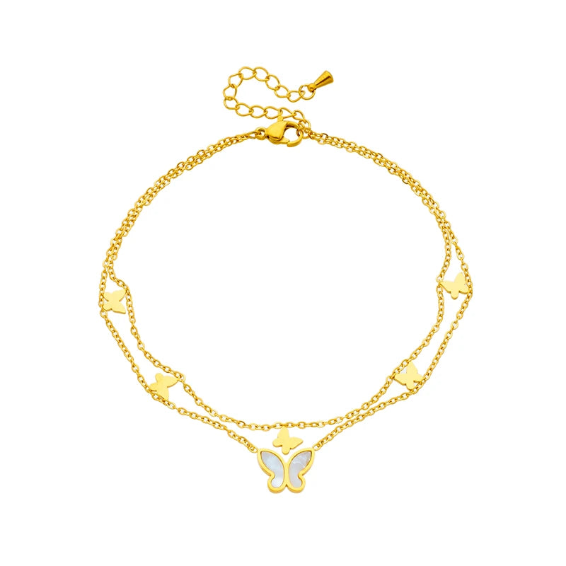 DIEYURO Stainless Steel 2-Layer Butterfly Charm Anklets For Women