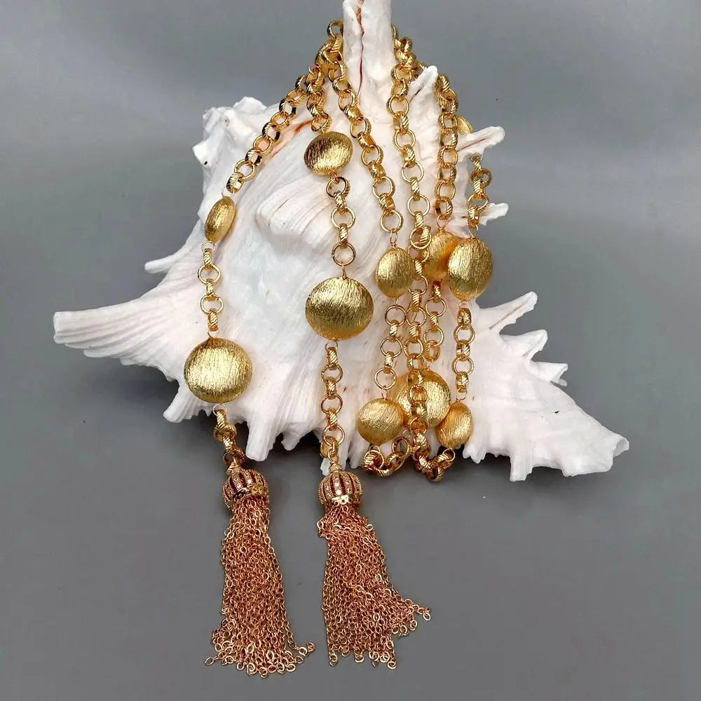 YYGEM 15mm-20mm Gold Color Plated Brushed Coin Bead Link chain Long Necklace Fashion Jewelry For Women