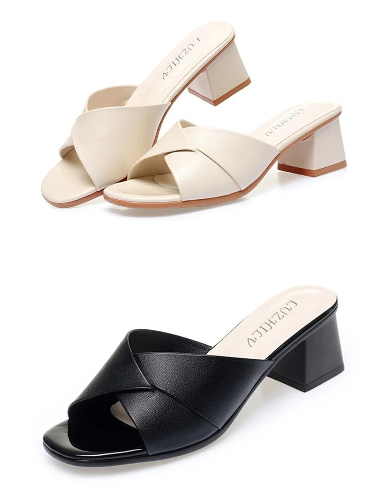2024 New Summer Versatile Slippers Women High Heels Square Head Fashion Female Sandals Soft Leather Summer Shoes Simple