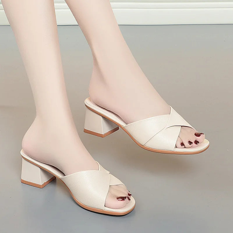 2024 New Summer Versatile Slippers Women High Heels Square Head Fashion Female Sandals Soft Leather Summer Shoes Simple