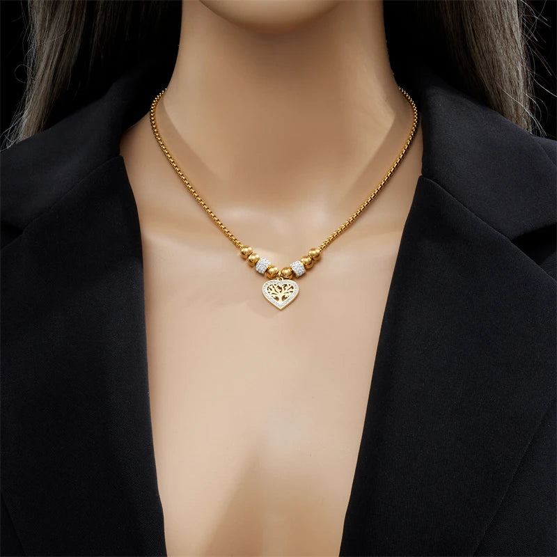 DIEYURO 316L Stainless Steel Heart-Shaped Tree Pendant Necklace For Women New Fashion Beads Choker Chains Jewelry Gift Party