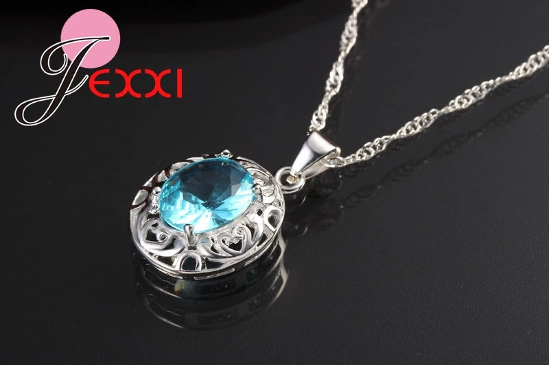 Top Grade Wedding Jewelry for Bridal 925 Sterling Silver Blue Crystal Zircon Earrings+ Ring+Necklace Bridal Jewelry Sets