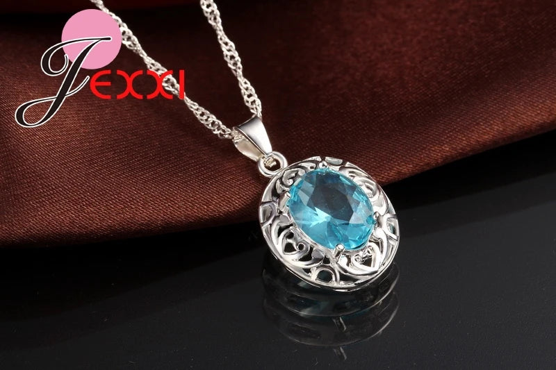 Top Grade Wedding Jewelry for Bridal 925 Sterling Silver Blue Crystal Zircon Earrings+ Ring+Necklace Bridal Jewelry Sets