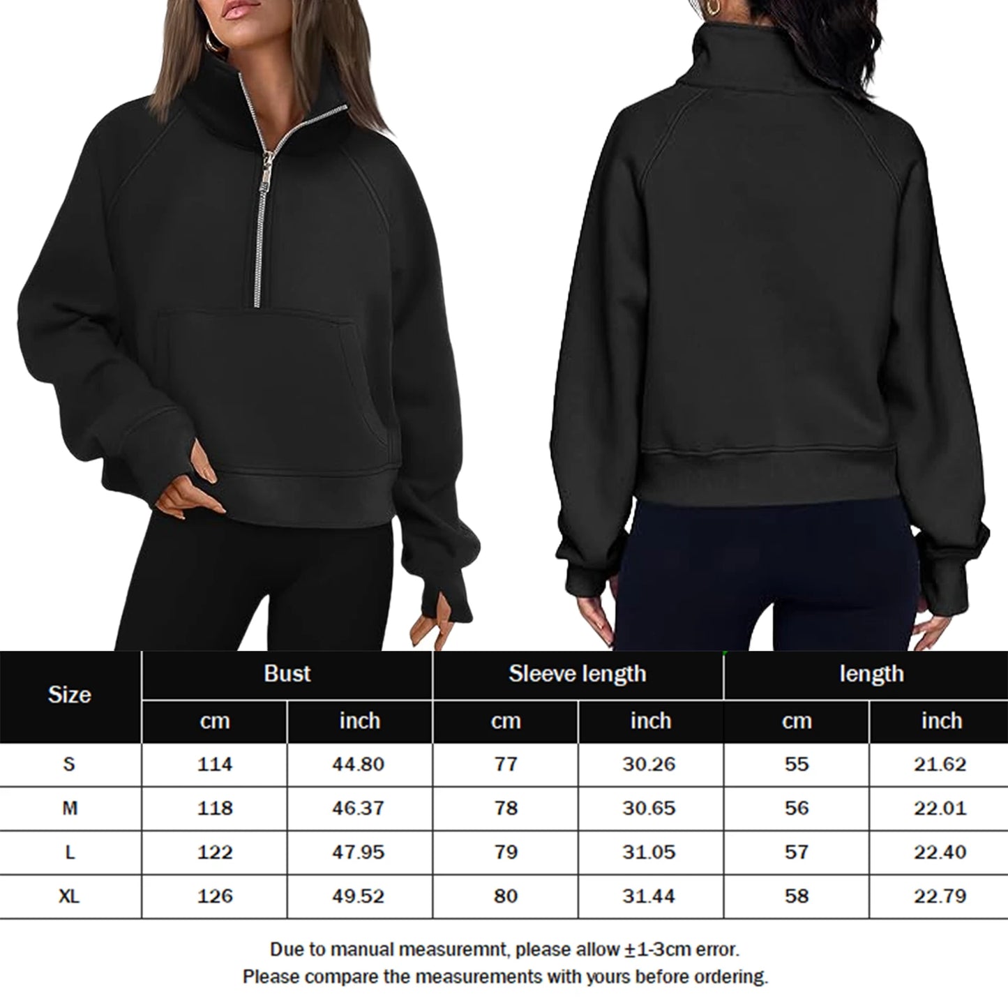 Stand Collar Casual Sweatshirts Half Zip Women Cropped Pullover Thumb Hole Overzised Hoodie Solid Color Plus Size Sports Outfit