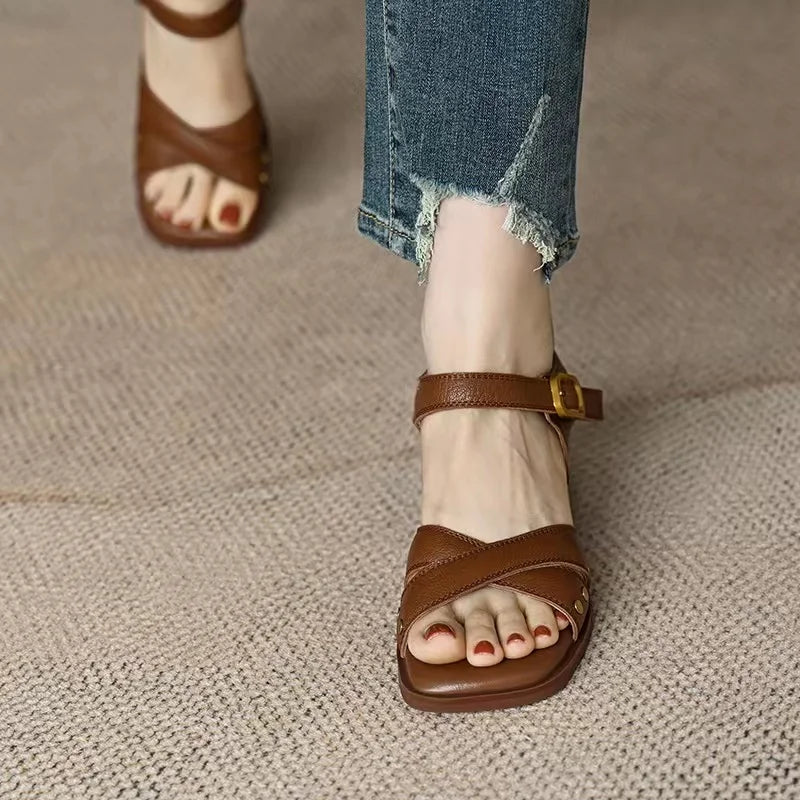 Women Apricot Sandals Handmade Vintage Square Toe Buckle Shoes New PU Leather Ladies Summer Beach Casual Pumps Women's Sandals