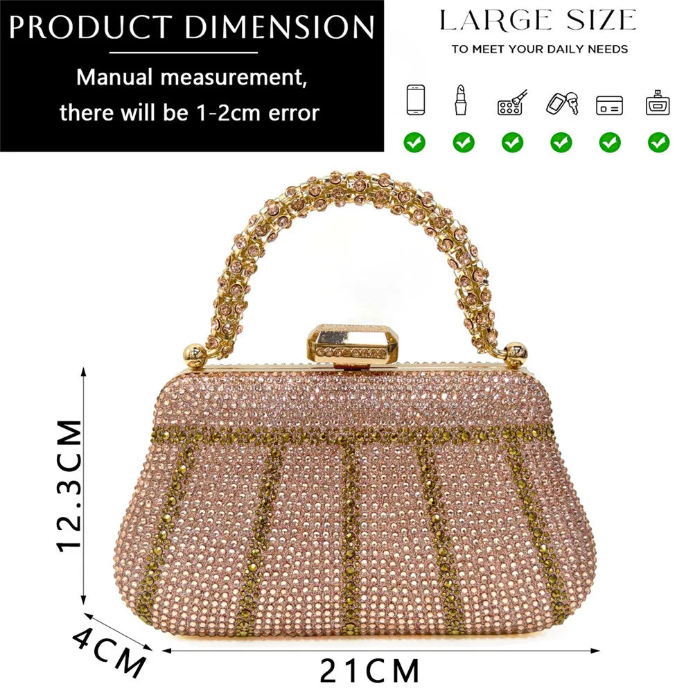 Popular In Nigeria Exquisite Evening Bags With Diamond Design Fashion Handle Clutch Rhinestone Embellished Long Chain Bag