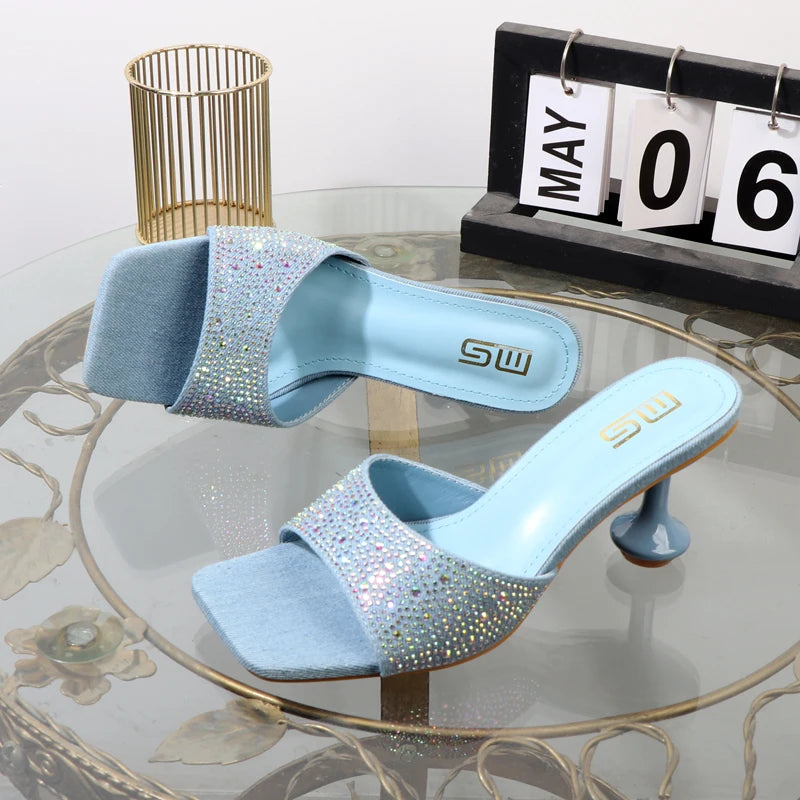 ladies slippers 2024 summer blue Denim fashion rhinestones wear outside Women's slippers luxury goods high heels 7CM