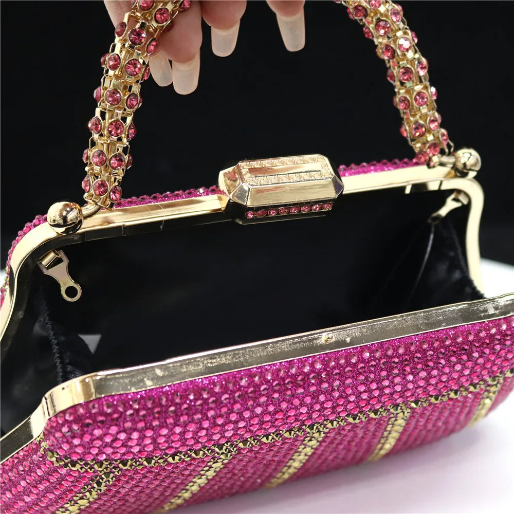 Popular In Nigeria Exquisite Evening Bags With Diamond Design Fashion Handle Clutch Rhinestone Embellished Long Chain Bag