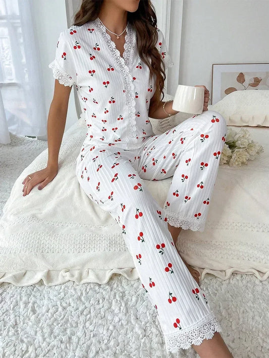 Lace Trim Women Pajama Set Short Sleeve Front Button