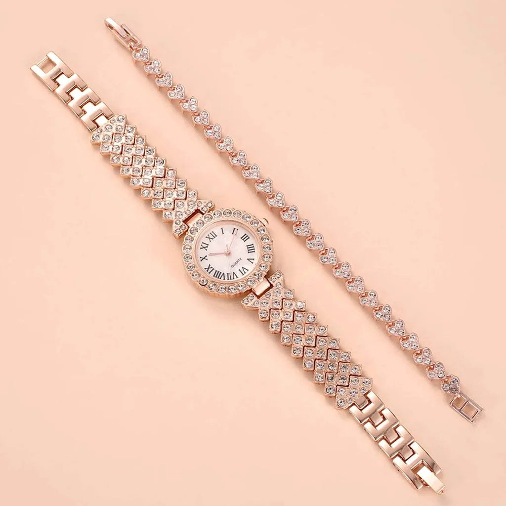 Luxury Women Shiny Bracelet Watches 2pcs Set Rose Gold Watch