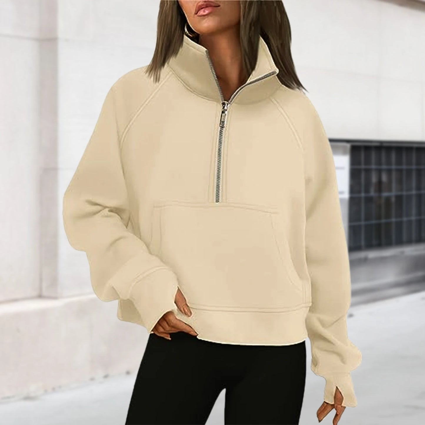 Stand Collar Casual Sweatshirts Half Zip Women Cropped Pullover Thumb Hole Overzised Hoodie Solid Color Plus Size Sports Outfit