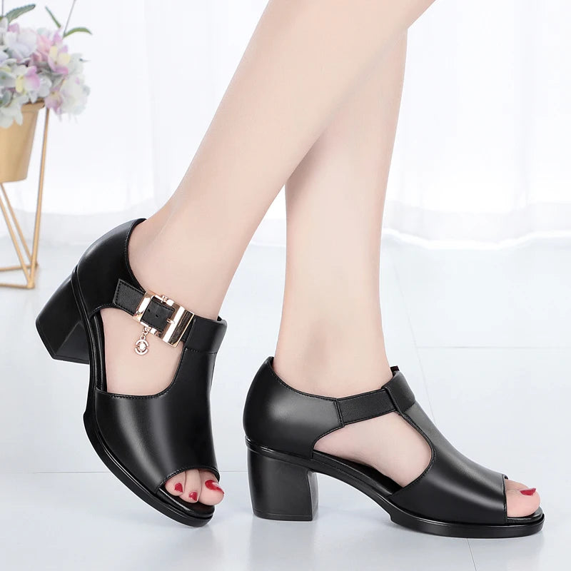 Women Fashion Fish Mouth Shoes Chunky Heel Metal Decorative Buckle Sandals Casual Shoes 2024 Sandals Summer New Women's Sandals