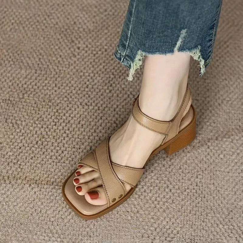 Women Apricot Sandals Handmade Vintage Square Toe Buckle Shoes New PU Leather Ladies Summer Beach Casual Pumps Women's Sandals