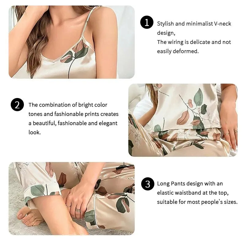 Women's Elegant Leaf Print Satin Pajama Set V Neck Cami Top and Elastic Pants for Comfortable Sleep and Lounging Sleepwear