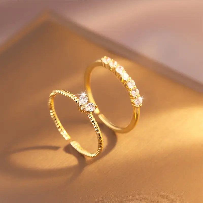 2pcs Trendy Gold Color Heart Zircon Rings