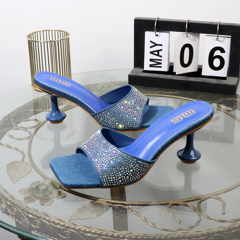 ladies slippers 2024 summer blue Denim fashion rhinestones wear outside Women's slippers luxury goods high heels 7CM