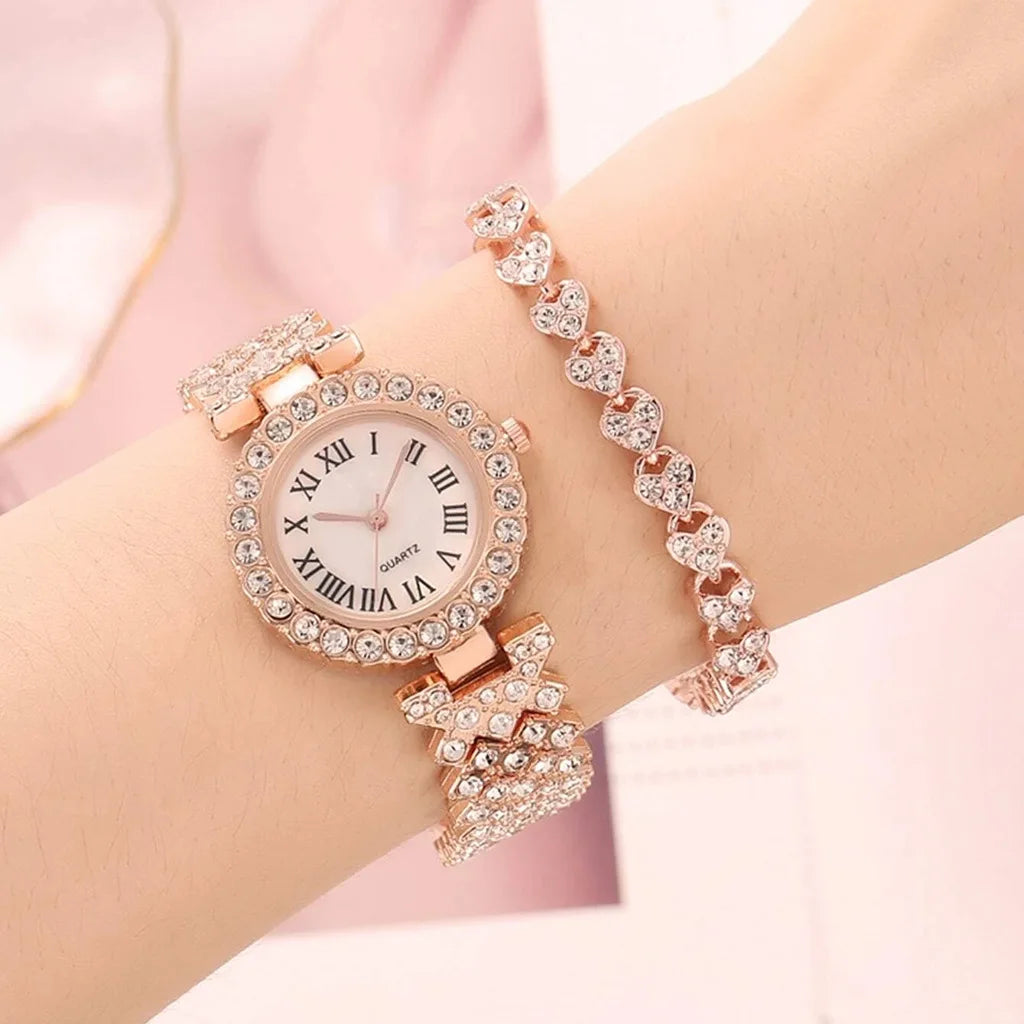 Luxury Women Shiny Bracelet Watches 2pcs Set Rose Gold Watch