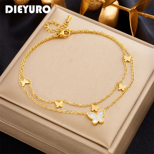 DIEYURO Stainless Steel 2-Layer Butterfly Charm Anklets For Women