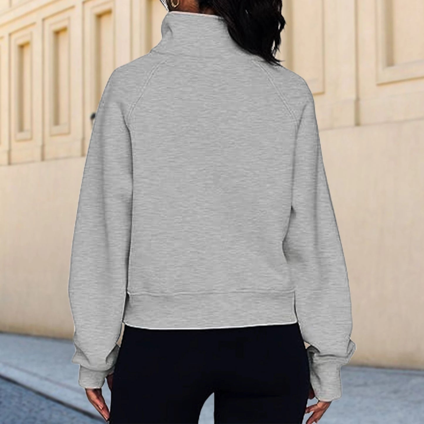 Stand Collar Casual Sweatshirts Half Zip Women Cropped Pullover Thumb Hole Overzised Hoodie Solid Color Plus Size Sports Outfit