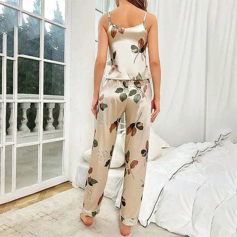 Women's Elegant Leaf Print Satin Pajama Set V Neck Cami Top and Elastic Pants for Comfortable Sleep and Lounging Sleepwear