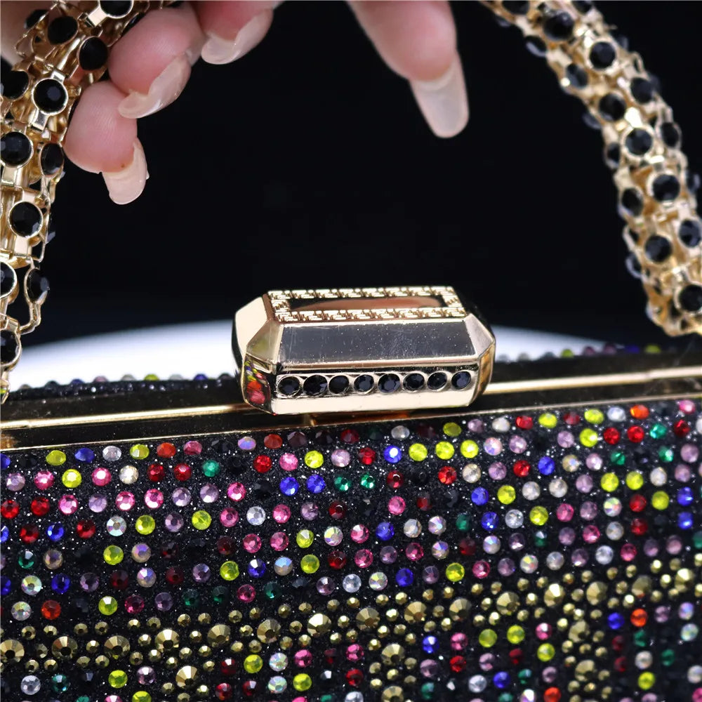 Popular In Nigeria Exquisite Evening Bags With Diamond Design Fashion Handle Clutch Rhinestone Embellished Long Chain Bag