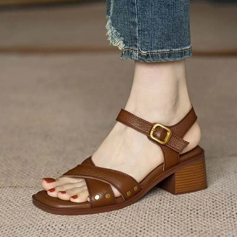 Women Apricot Sandals Handmade Vintage Square Toe Buckle Shoes New PU Leather Ladies Summer Beach Casual Pumps Women's Sandals