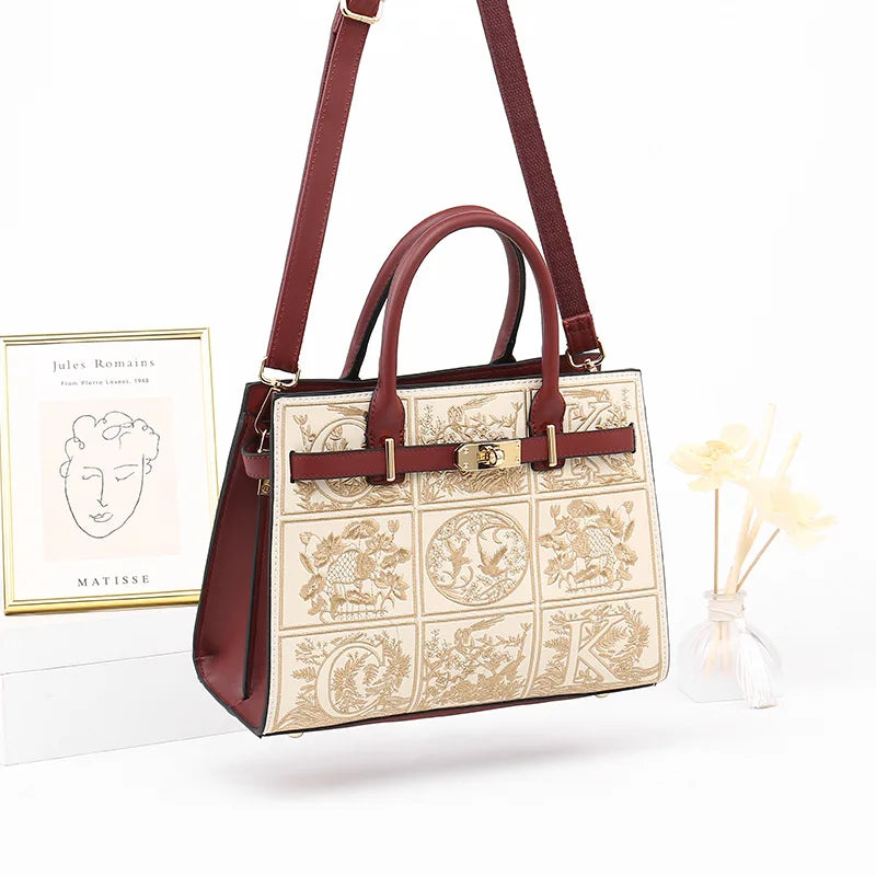 Mother's Day New Style Classy Mom Bag Lady Temperament Style Embroidery Handbag Crossbody Bag Middle-Ag