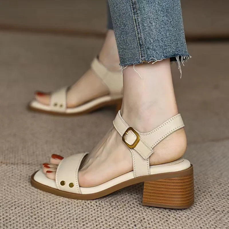 Women Apricot Sandals Handmade Vintage Square Toe Buckle Shoes New PU Leather Ladies Summer Beach Casual Pumps Women's Sandals