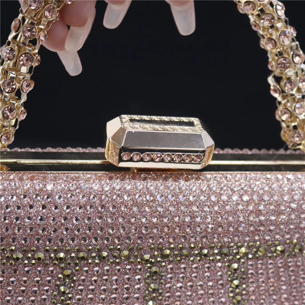 Popular In Nigeria Exquisite Evening Bags With Diamond Design Fashion Handle Clutch Rhinestone Embellished Long Chain Bag