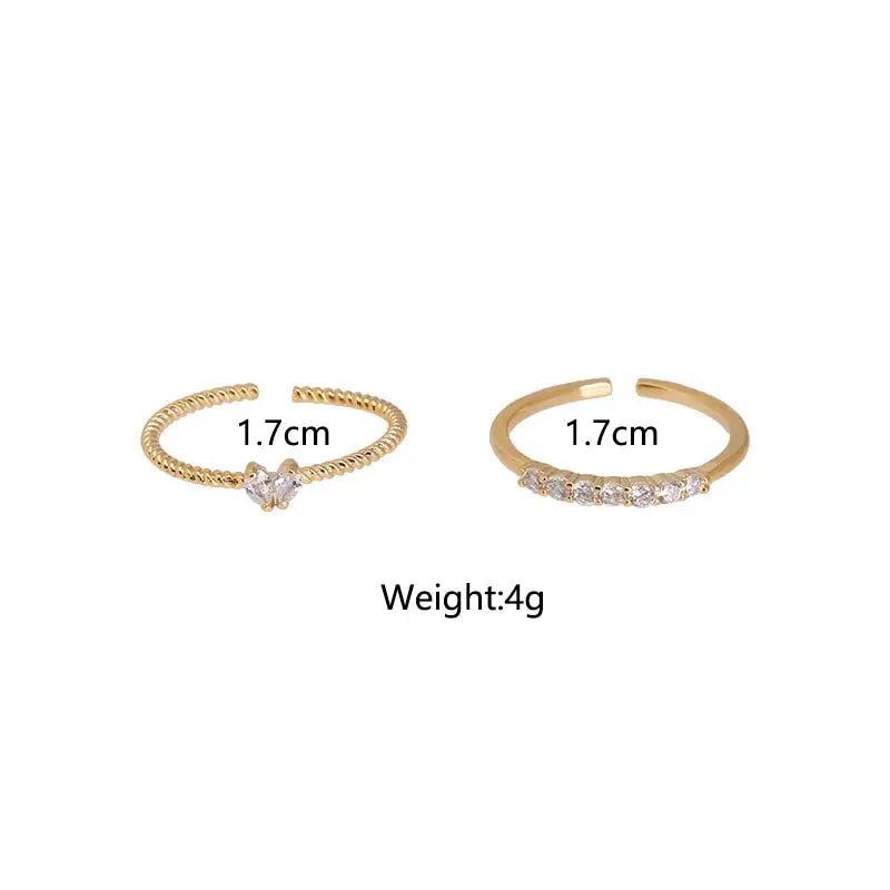 2pcs Trendy Gold Color Heart Zircon Rings