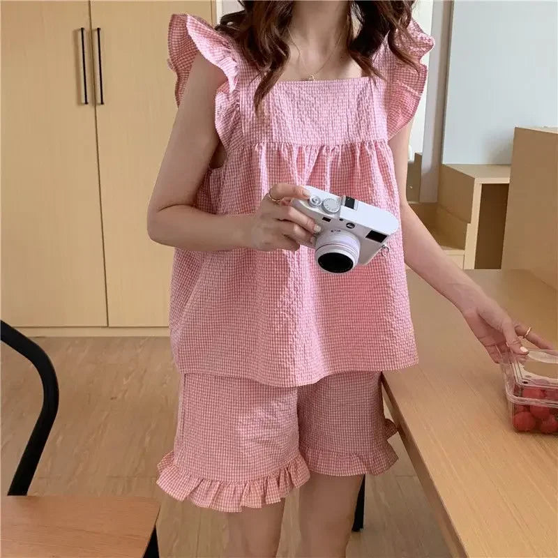 Plaid Sleepwear Women Pajamas Shorts Set Fly Sleeve