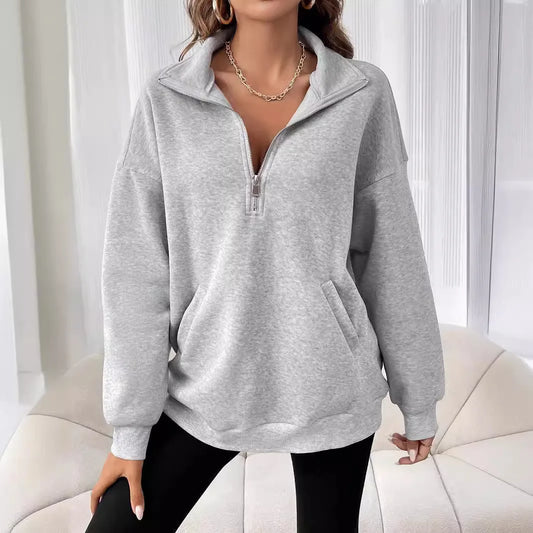 grey Autumn Winter Women's Hoodies Solid Color Loose Short Half Zip Pockets Thumb Hole Long Sleeve Pullover Sweatshirts hoody