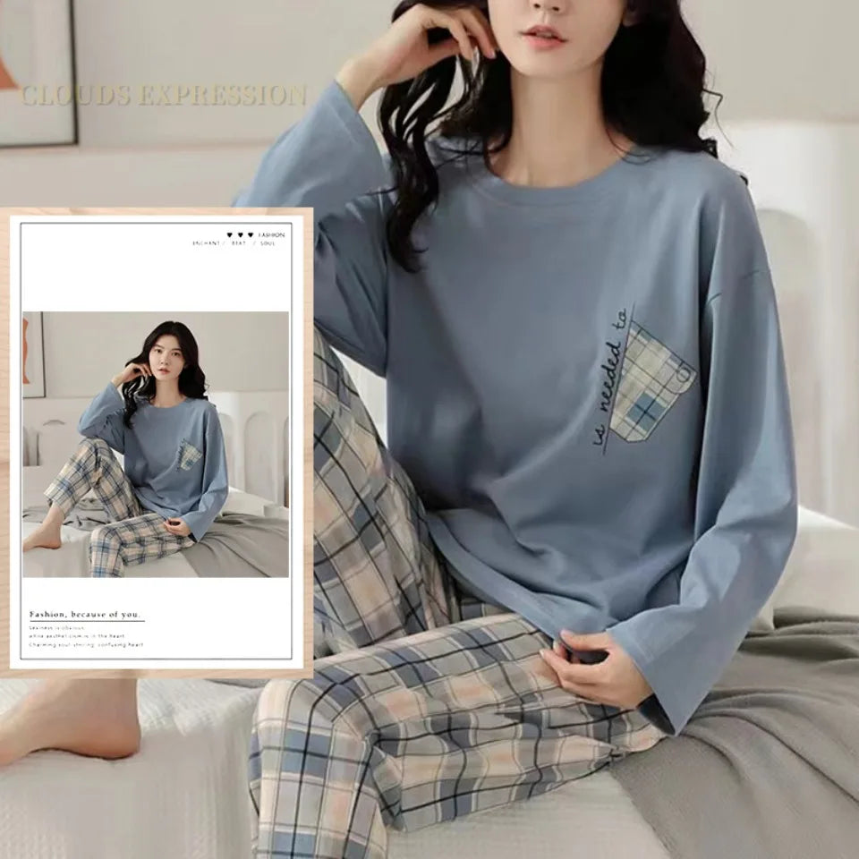 Spring Autumn Big Size 5XL Women Polyester Pajamas Plaid Sleepwear Long-sleeved Homewear Sets Womens Simple Loose Casual Pijamas