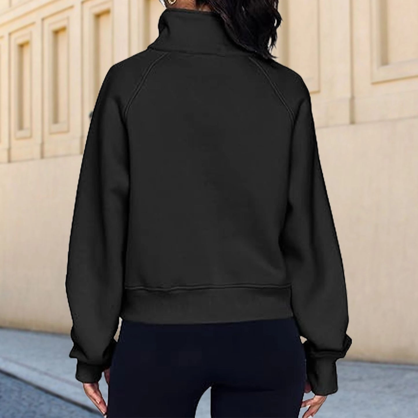 Stand Collar Casual Sweatshirts Half Zip Women Cropped Pullover Thumb Hole Overzised Hoodie Solid Color Plus Size Sports Outfit