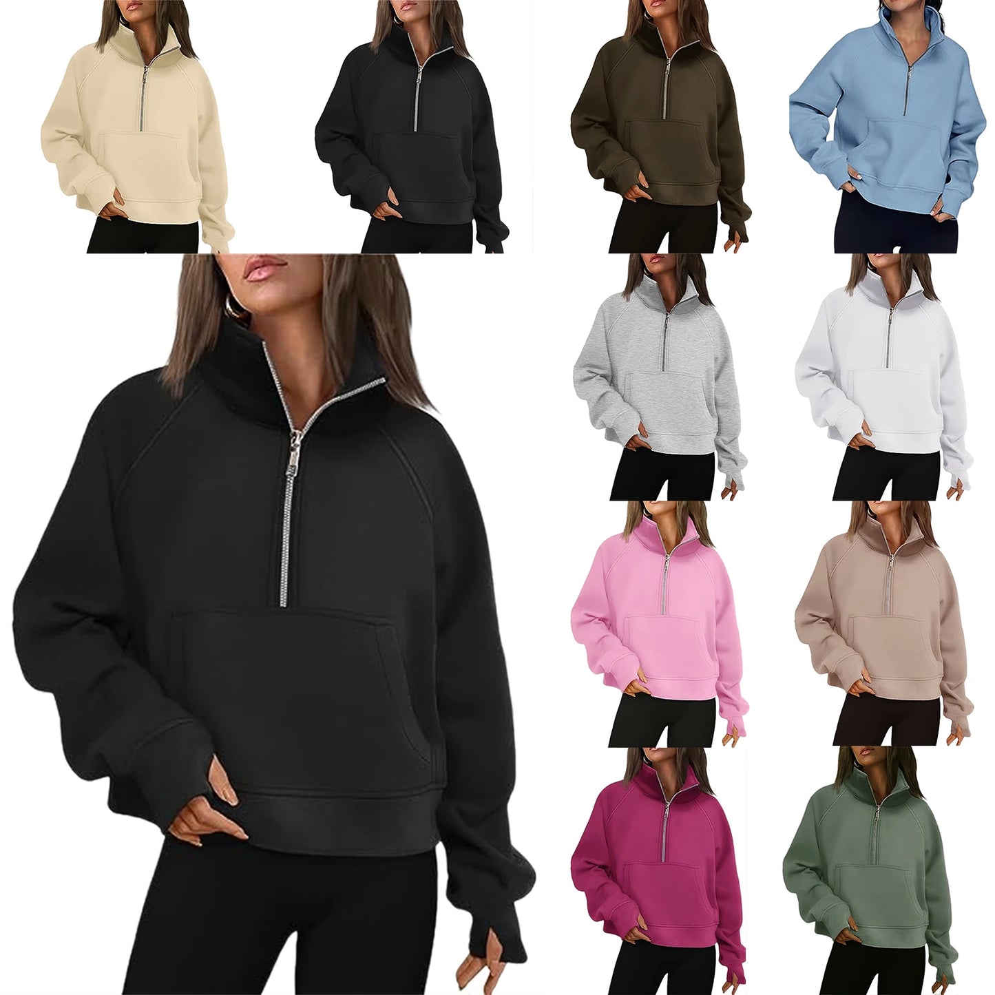 Stand Collar Casual Sweatshirts Half Zip Women Cropped Pullover Thumb Hole Overzised Hoodie Solid Color Plus Size Sports Outfit