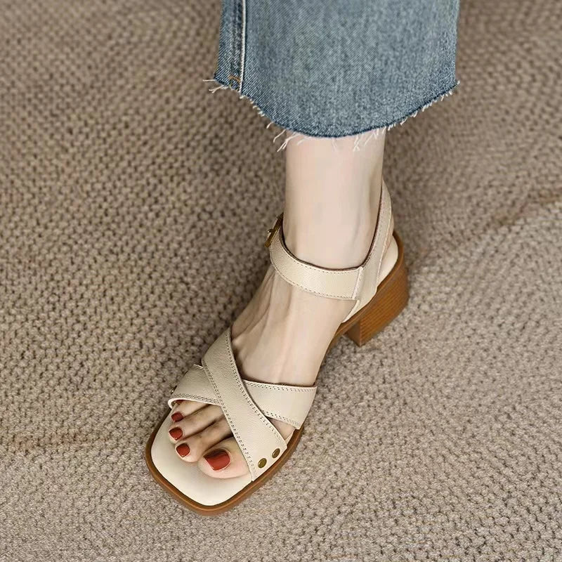 Women Apricot Sandals Handmade Vintage Square Toe Buckle Shoes New PU Leather Ladies Summer Beach Casual Pumps Women's Sandals