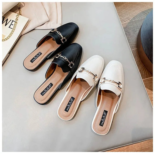 2024 Elegant Summer Women Designer Round Toe Fashion Metal Lady Slippers Sweet Black Female Mules Beach Outside Shoes Big Size