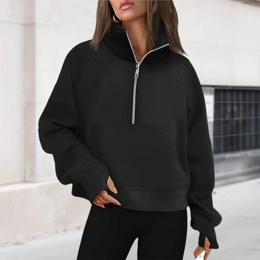 Stand Collar Casual Sweatshirts Half Zip Women Cropped Pullover Thumb Hole Overzised Hoodie Solid Color Plus Size Sports Outfit