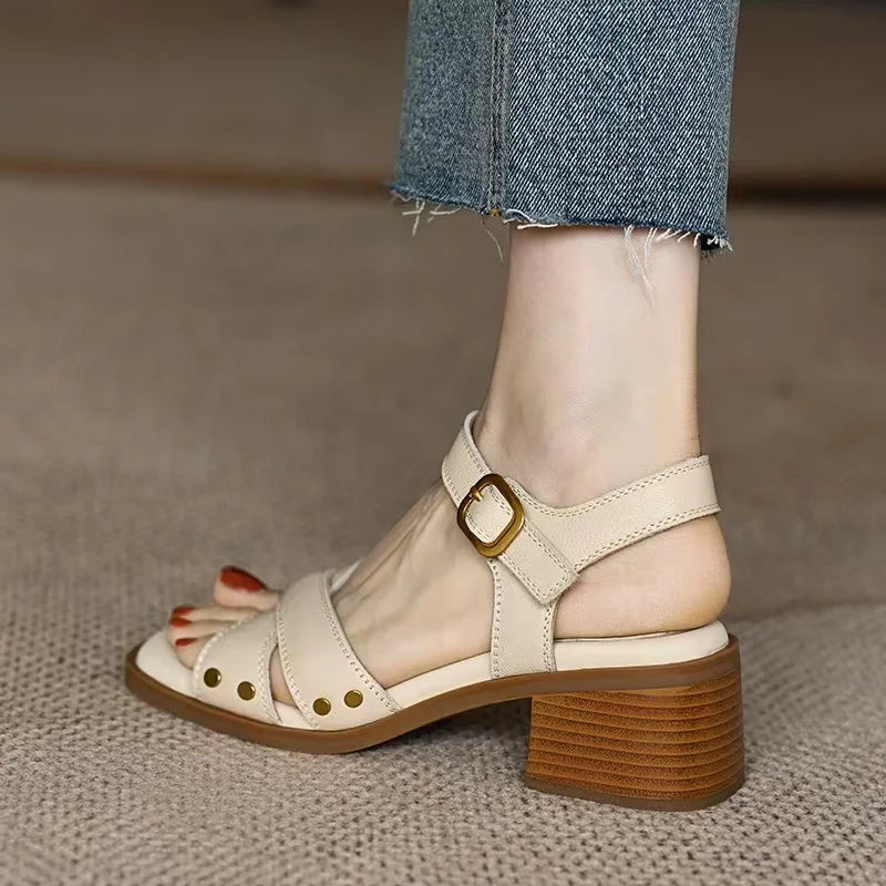 Women Apricot Sandals Handmade Vintage Square Toe Buckle Shoes New PU Leather Ladies Summer Beach Casual Pumps Women's Sandals