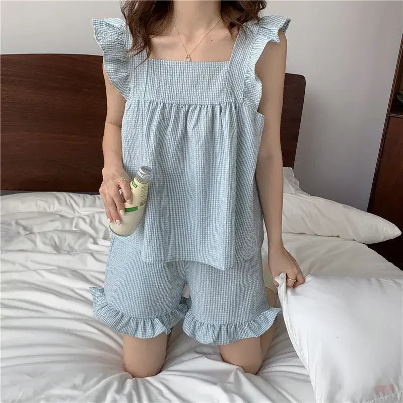 Plaid Sleepwear Women Pajamas Shorts Set Fly Sleeve