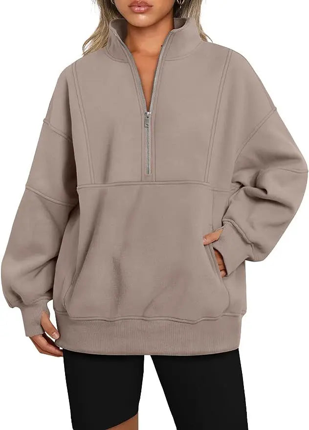 Stand Collar Casual Sweatshirts Half Zip Women Cropped Pullover Thumb Hole Overzised Hoodie Solid Color Plus Size Sports Outfit