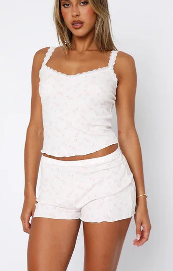 Summer Women 2 Piece Pajama Set Sleeveless Lace